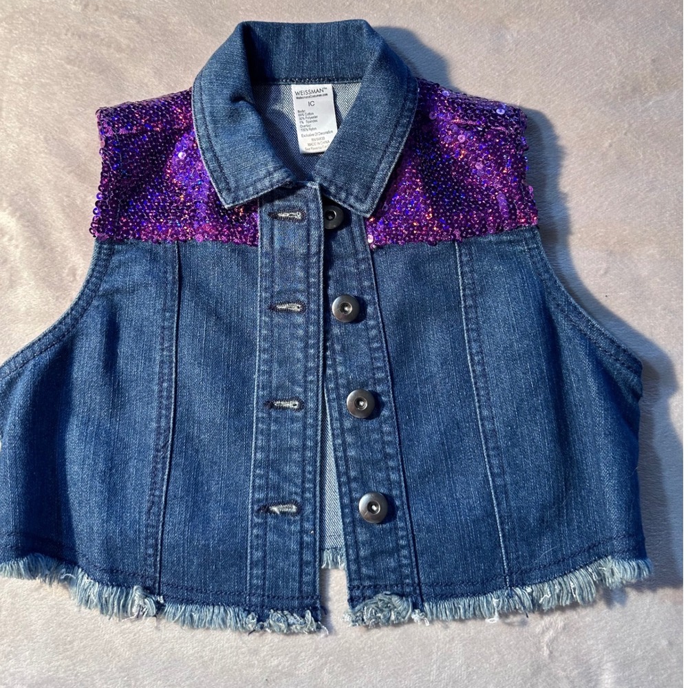 Weissman Kids IC Blue Denim Sequin Dance Vest Purple Sparkle Frayed Hem